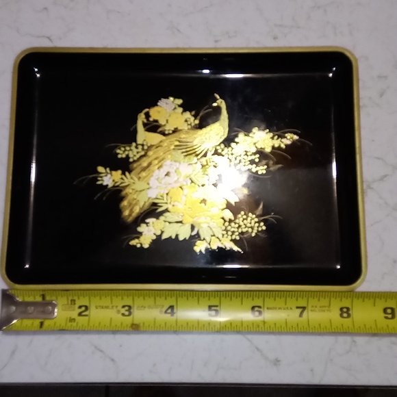 Otagiri Original Gold Peacock Flowers Black Lacquer Tray Dish Hand Crafted Japan - Picture 10 of 14
